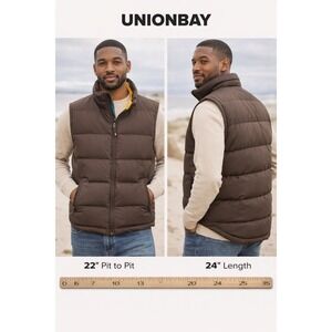 Unionbay Mens Down Puffer Vest Brown Yellow Lining Size Large RN 60307